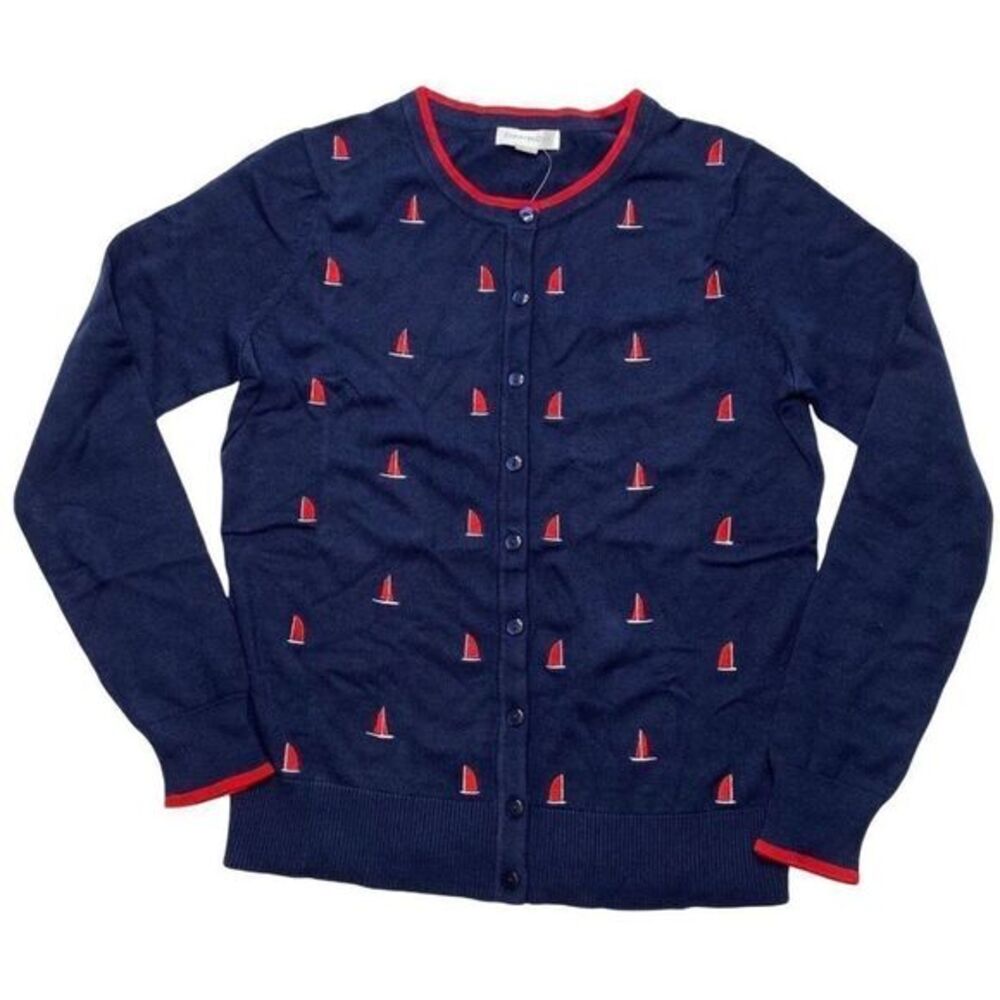 Charter Club Navy Blue‎ Red Sail Boat Embroidered Cardigan Sz Large NEW